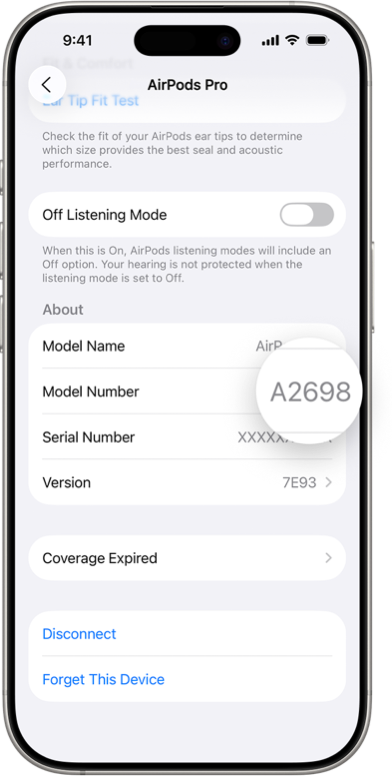 Bir iPhone'un Bluetooth ayarlarında AirPods model numarası